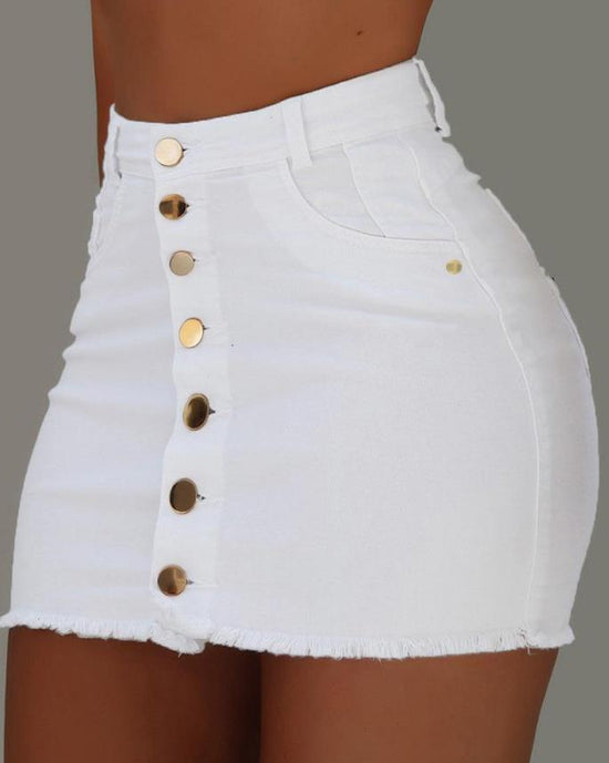 Sexy Skirt for Woman Spring Summer 2023 Plain Button Fly Raw Hem Mini