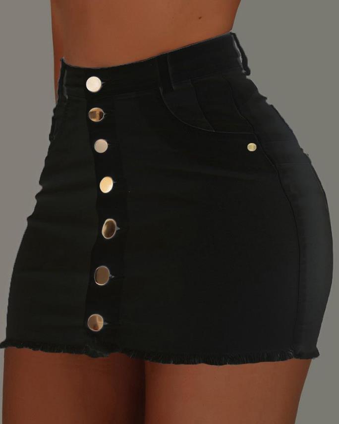 Sexy Skirt for Woman Spring Summer 2023 Plain Button Fly Raw Hem Mini
