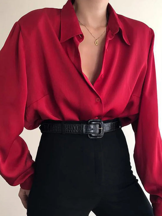 Loose Button Satin Blouse with Turn Down Collar