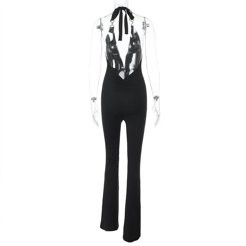Solid color slim-fit women's deep V jumpsuit