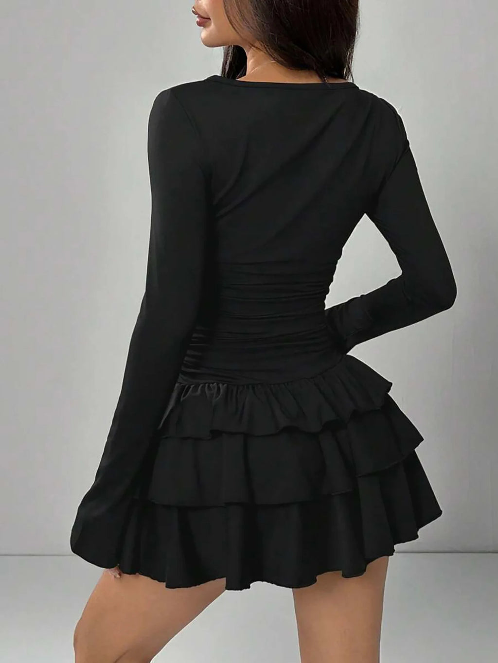 Solid Slim Fit Cascading Ruffles Mini Dress with Flare Sleeve High Waist and Bodyconture