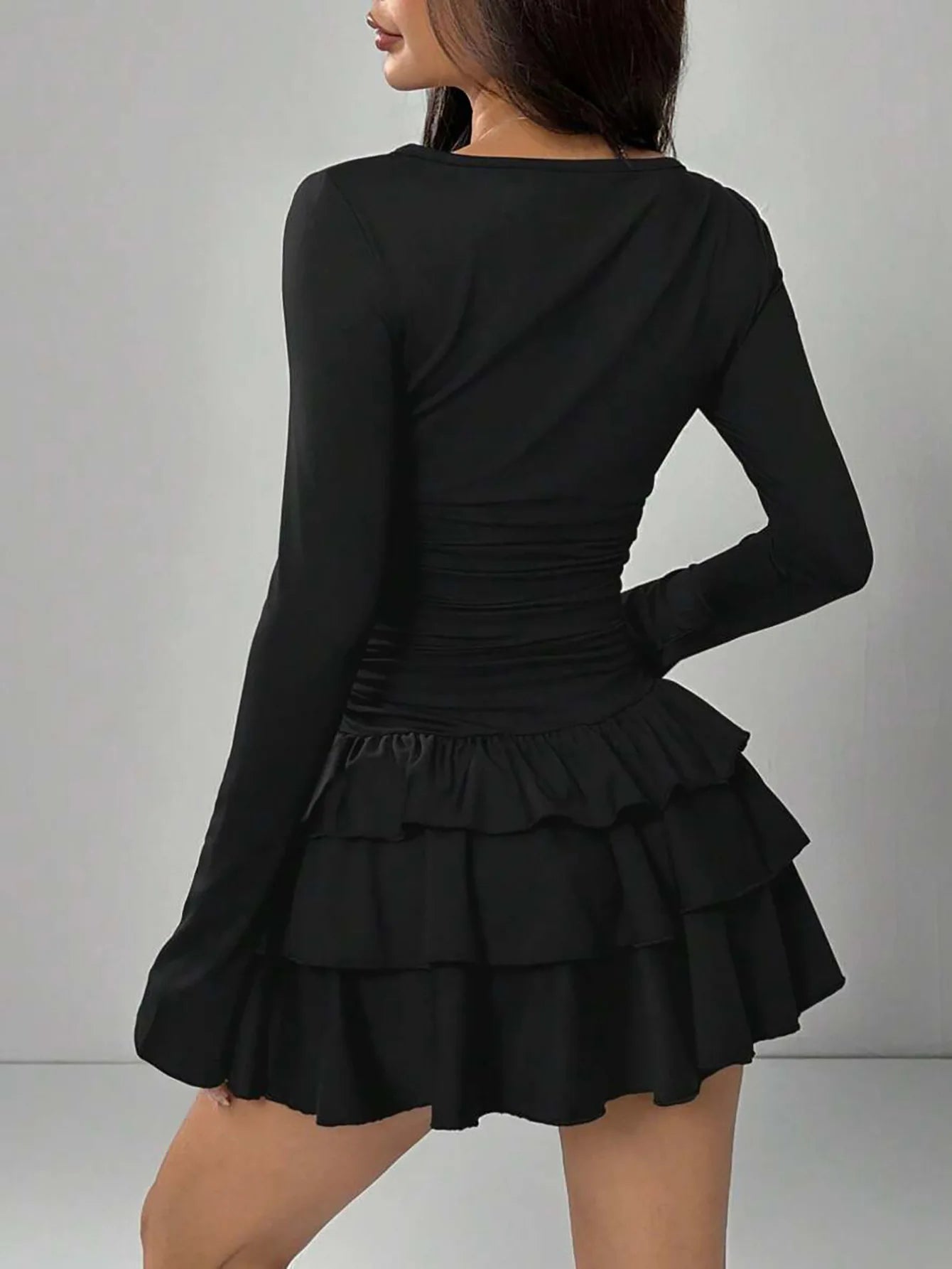 Solid Slim Fit Cascading Ruffles Mini Dress with Flare Sleeve High Waist and Bodyconture