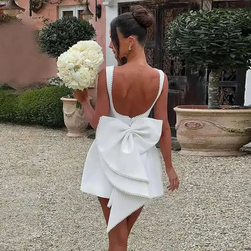 Townlike Bow Pearl Backless Women Mini  Dress Elegant