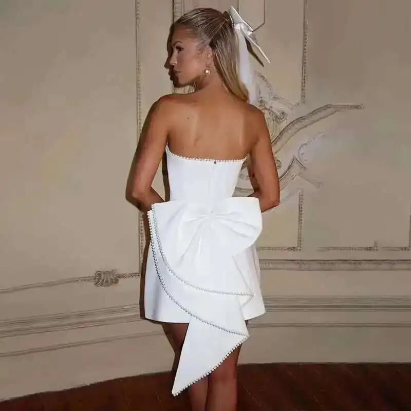 Townlike Bow Pearl Backless Women Mini  Dress Elegant