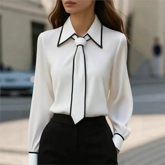 Formal Bow Tie Long-sleeve Trim Top Blouse