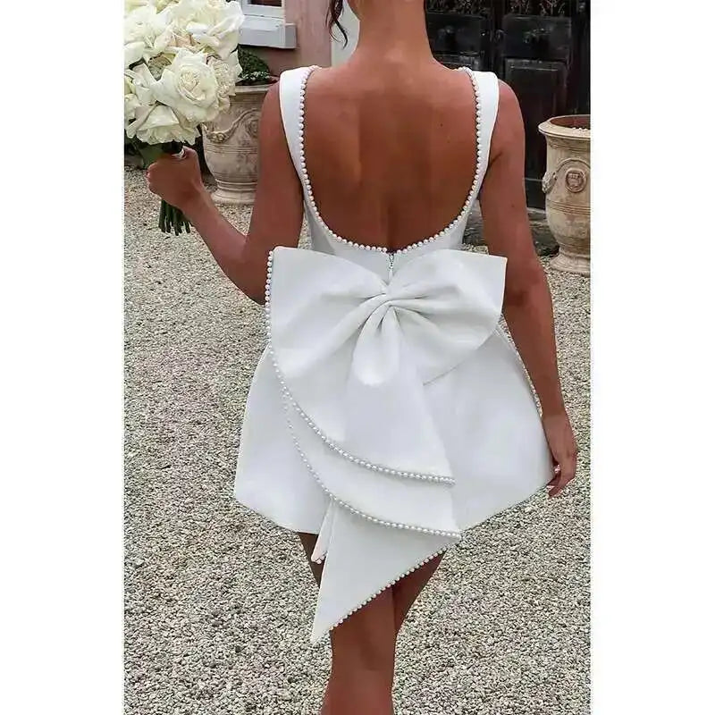 Townlike Bow Pearl Backless Women Mini  Dress Elegant