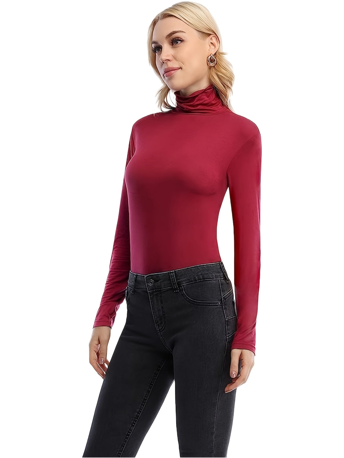 3pcs Women's High Neck Long Sleeve Turtleneck Tops - Solid Color Casual Layering Essentials, Soft Stretchy, Machine Washable, Black/Grey/Red for Spring Summer Fall, Seasonal Fashion, Simple Versatile Design, Stretchy Fabric