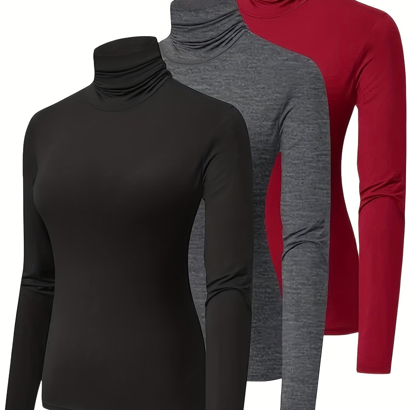 3pcs Women's High Neck Long Sleeve Turtleneck Tops - Solid Color Casual Layering Essentials, Soft Stretchy, Machine Washable, Black/Grey/Red for Spring Summer Fall, Seasonal Fashion, Simple Versatile Design, Stretchy Fabric