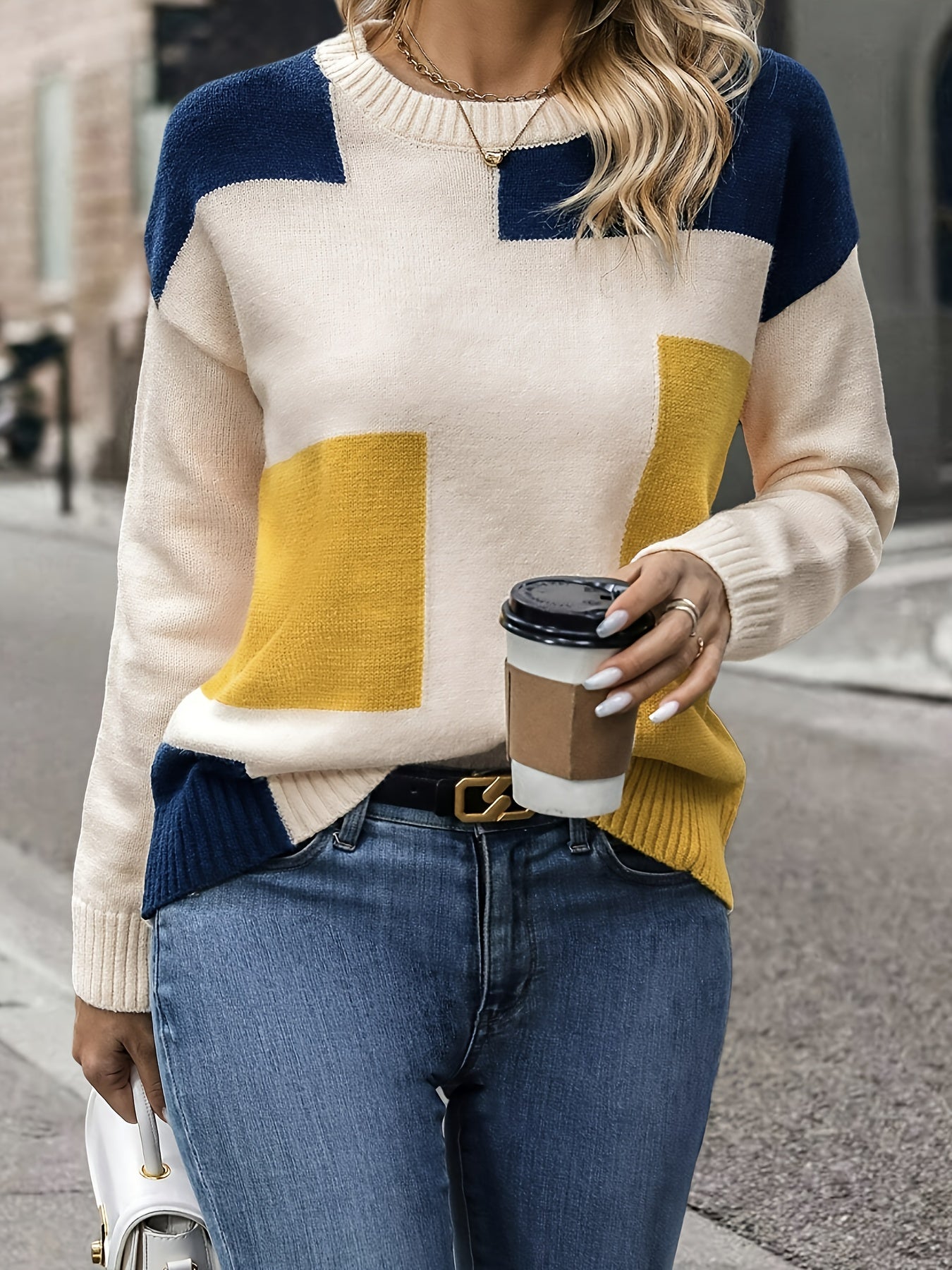 Women's Casual Color-Block Round Neck Sweater