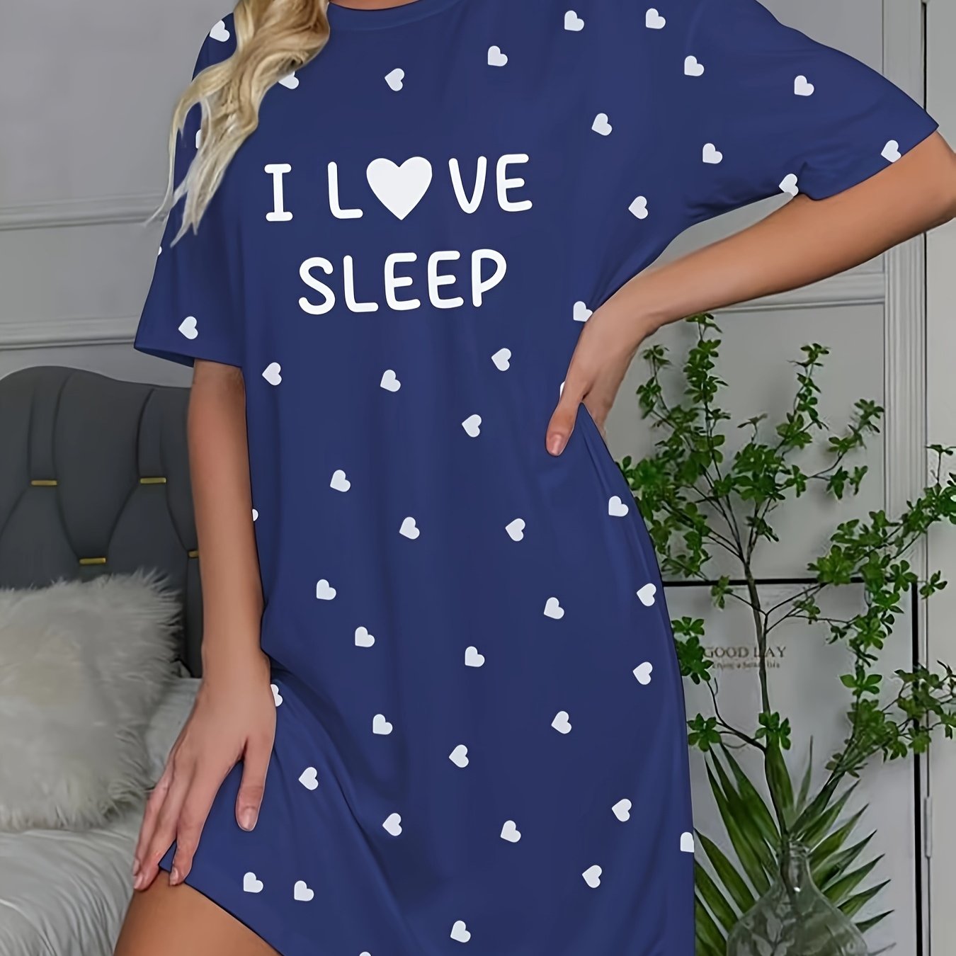Women's Casual Short Sleeve Round Neck Sleep Dress - I LOVE SLEEP