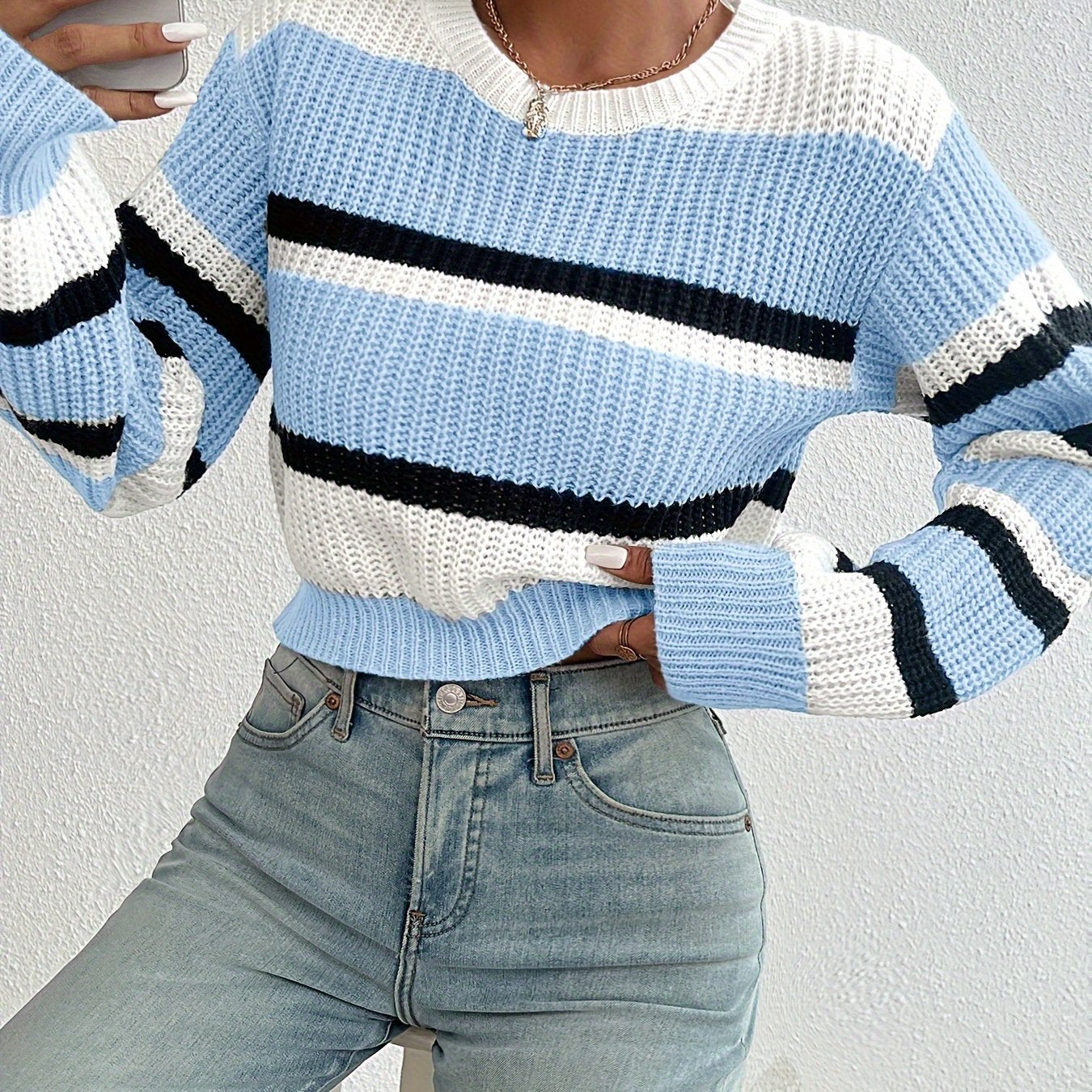 Soft Pastel Pink Relaxed Fit Women's Casual Striped Sweater