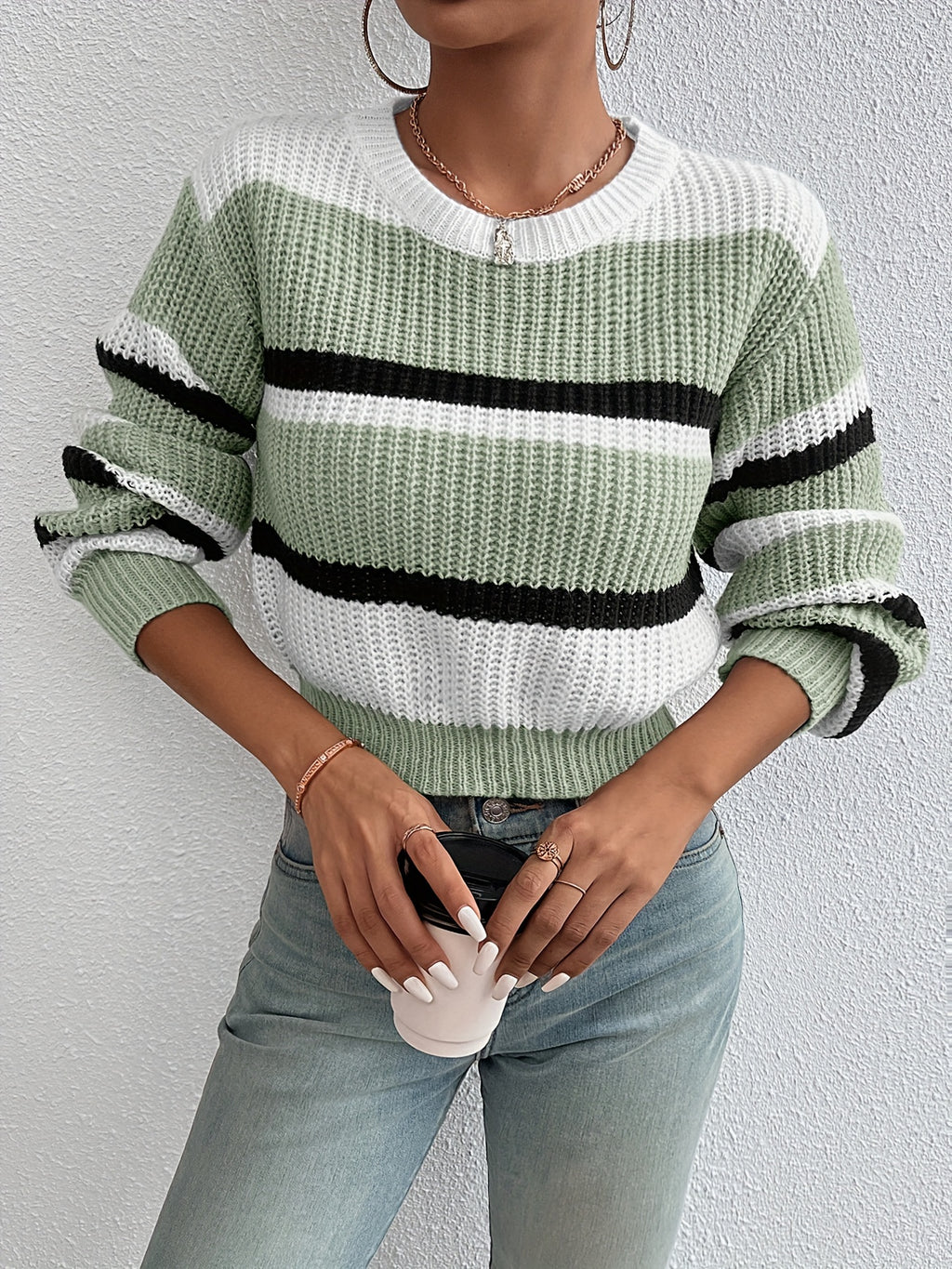 Soft Pastel Pink Relaxed Fit Women's Casual Striped Sweater