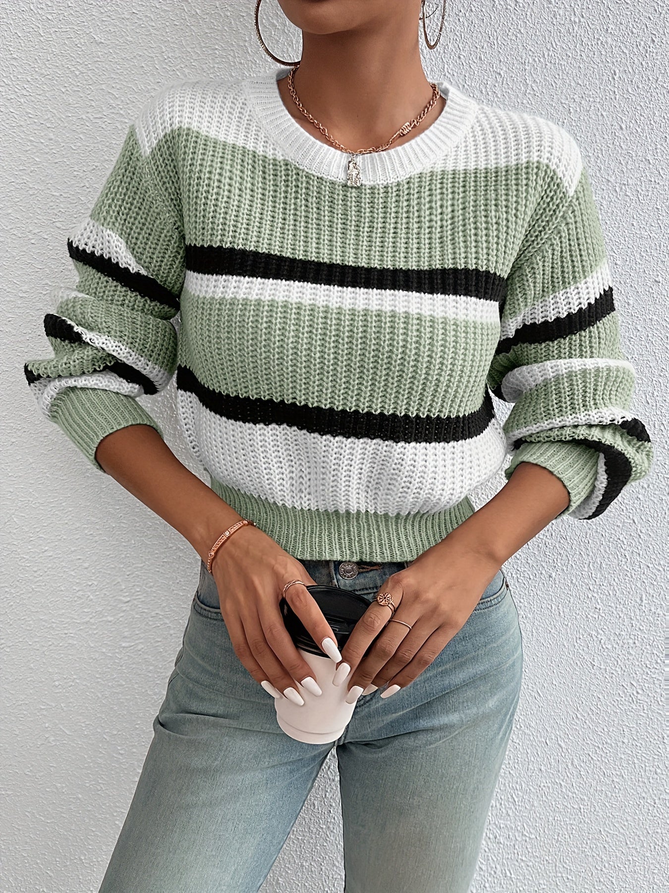 Soft Pastel Pink Relaxed Fit Women's Casual Striped Sweater