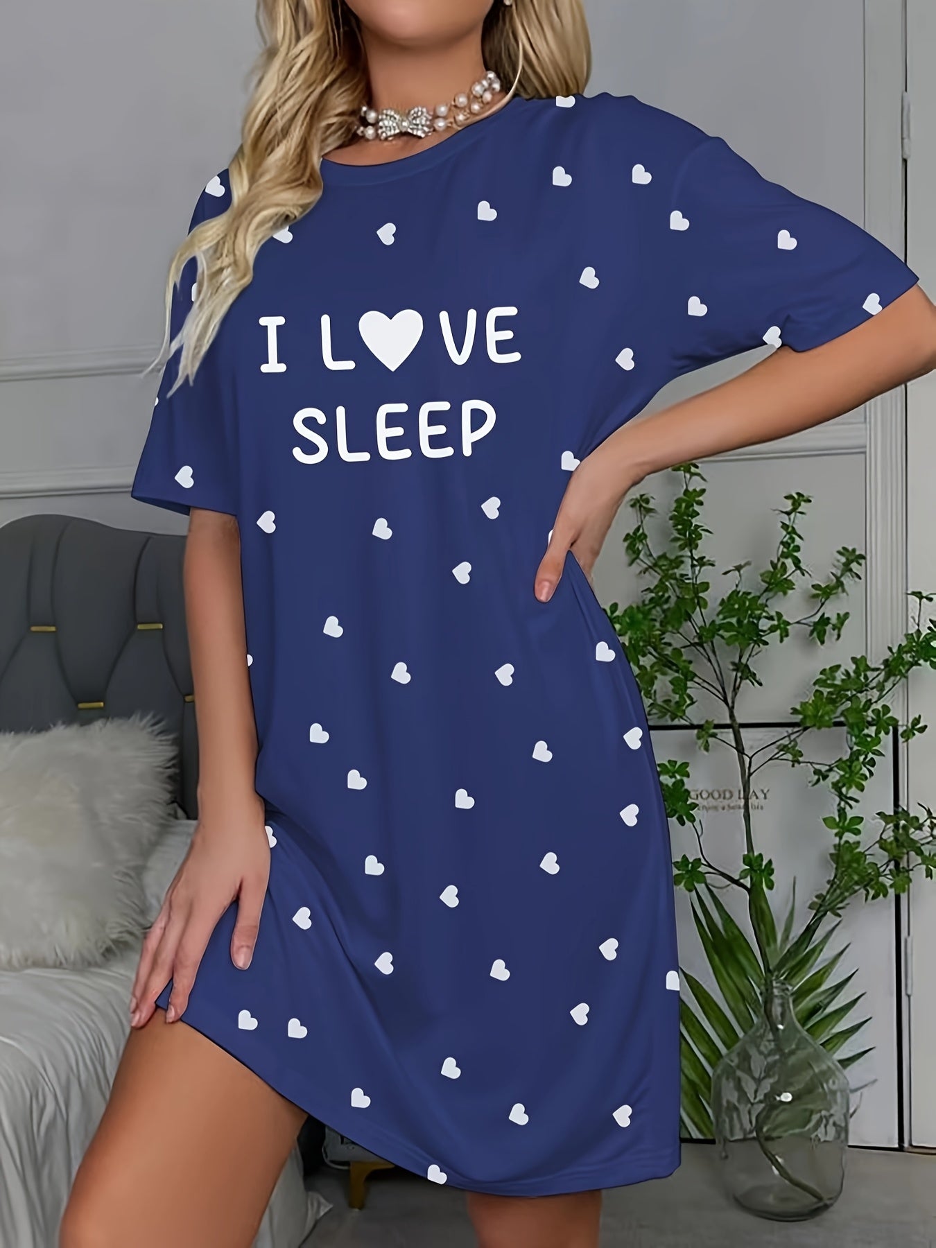Women's Casual Short Sleeve Round Neck Sleep Dress - I LOVE SLEEP