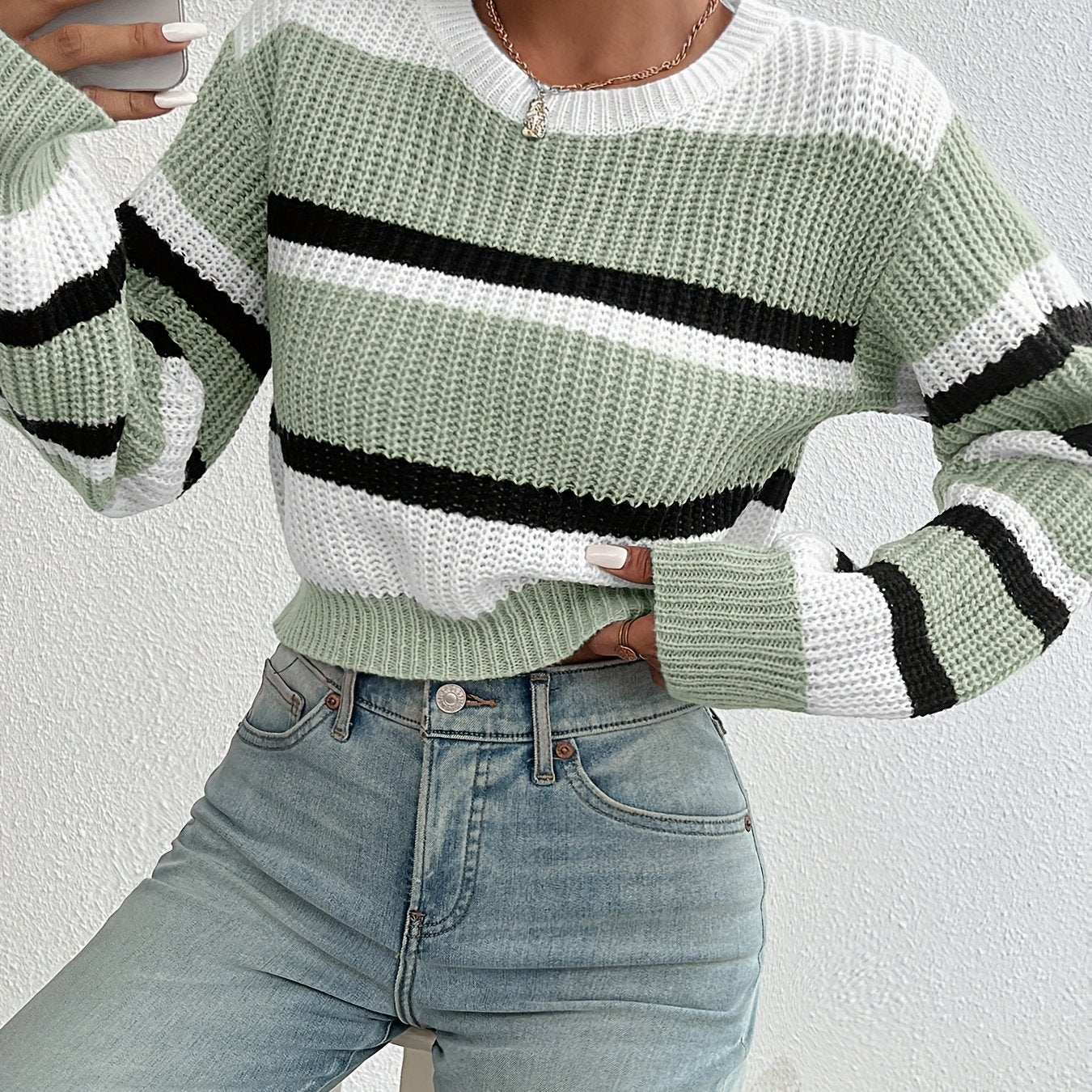 Soft Pastel Pink Relaxed Fit Women's Casual Striped Sweater