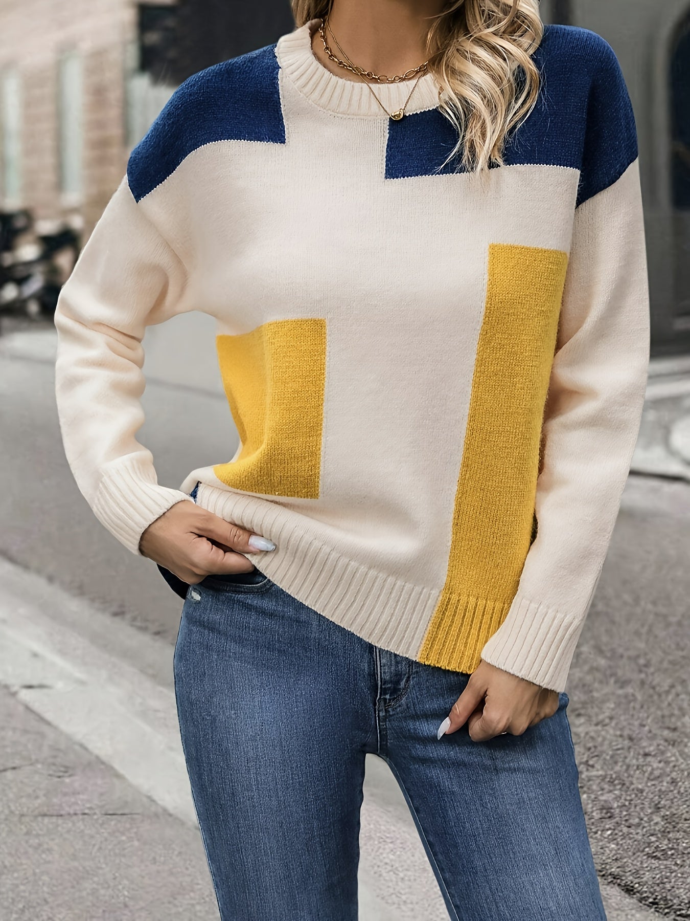Women's Casual Color-Block Round Neck Sweater