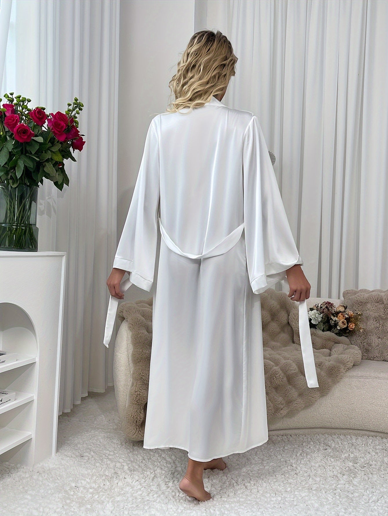 Women's Long Robe - Elegant Bathrobe with Adjustable Tie Waist, Long Sleeve Spa & Lounge