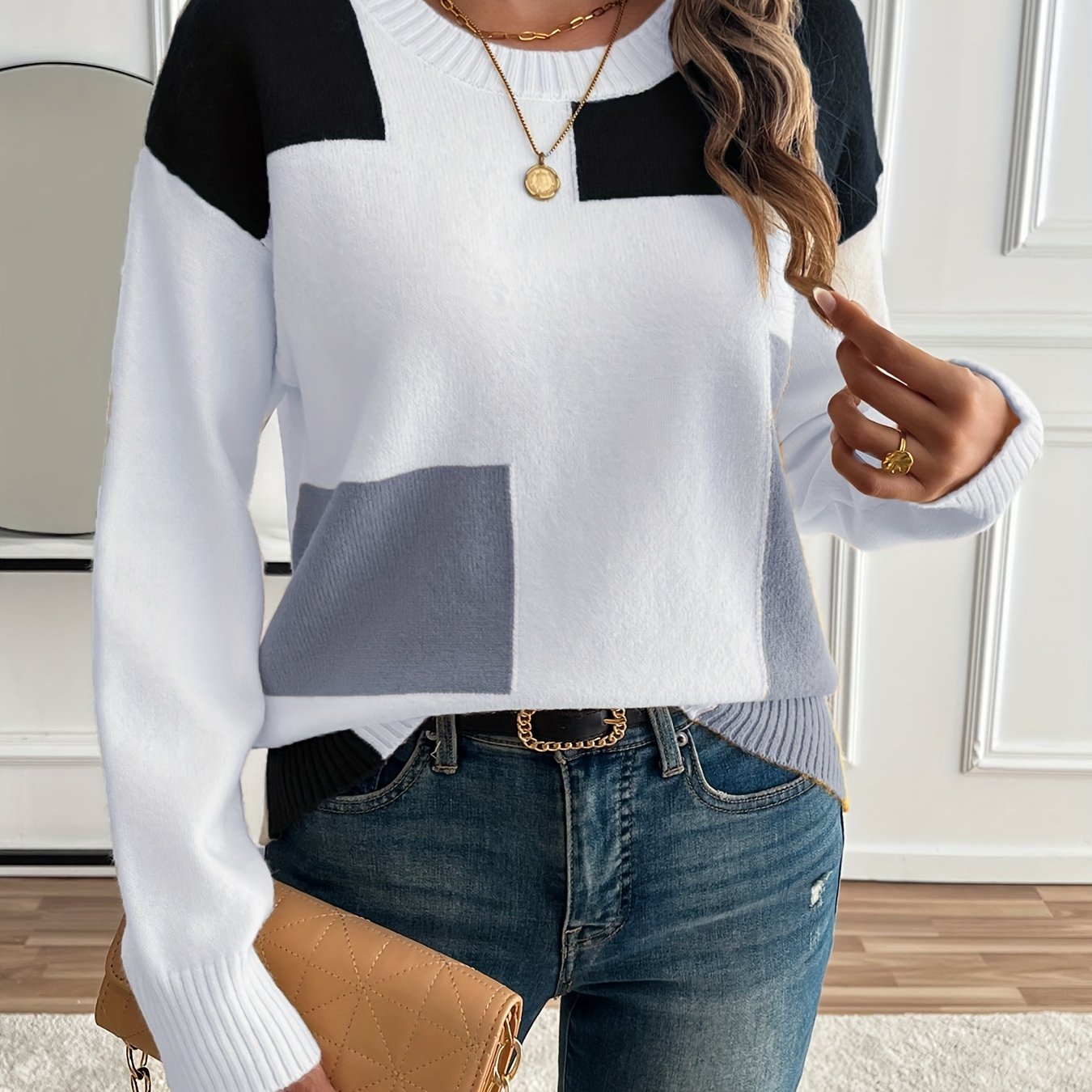 Women's Casual Color-Block Round Neck Sweater