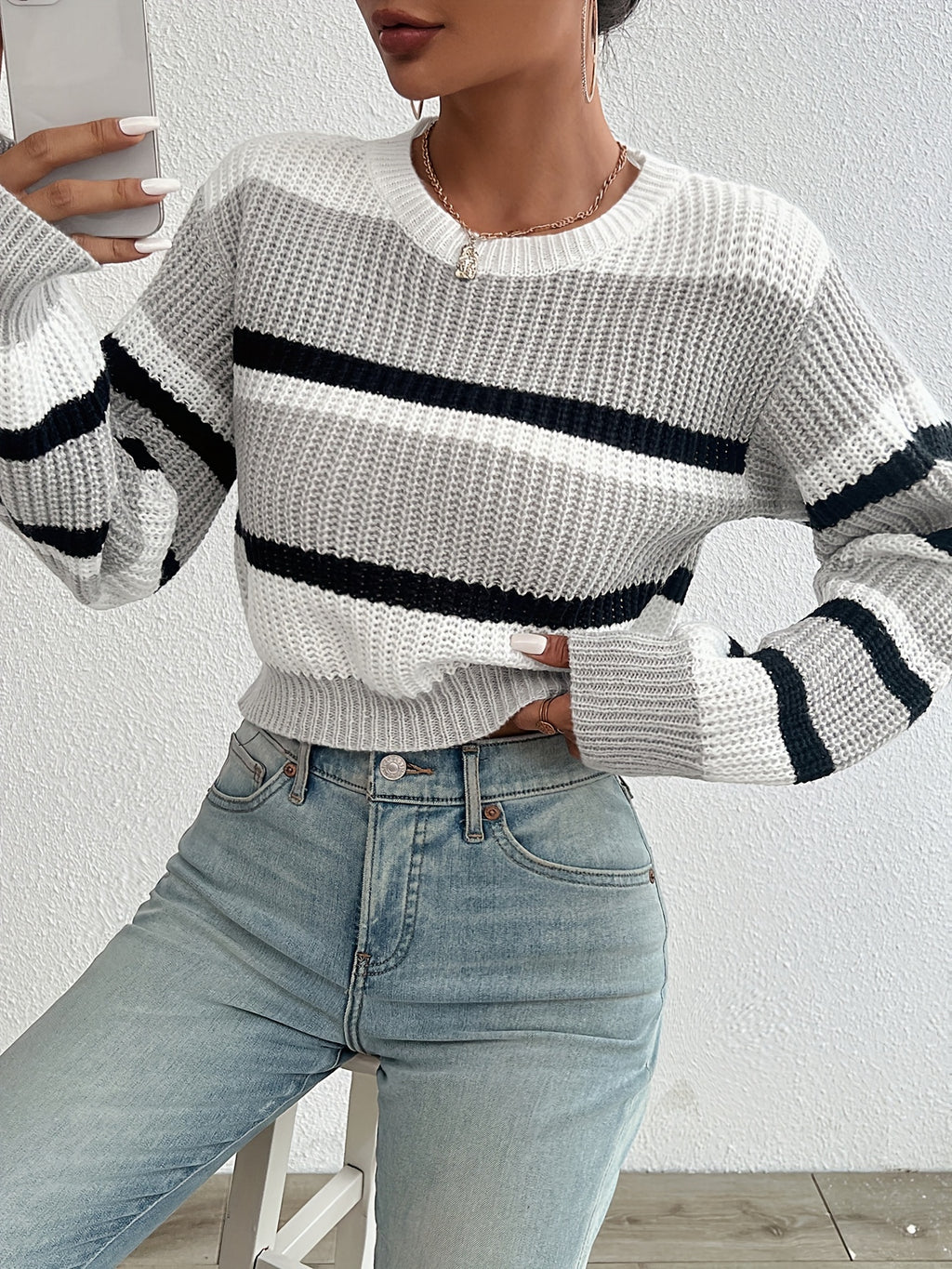 Soft Pastel Pink Relaxed Fit Women's Casual Striped Sweater
