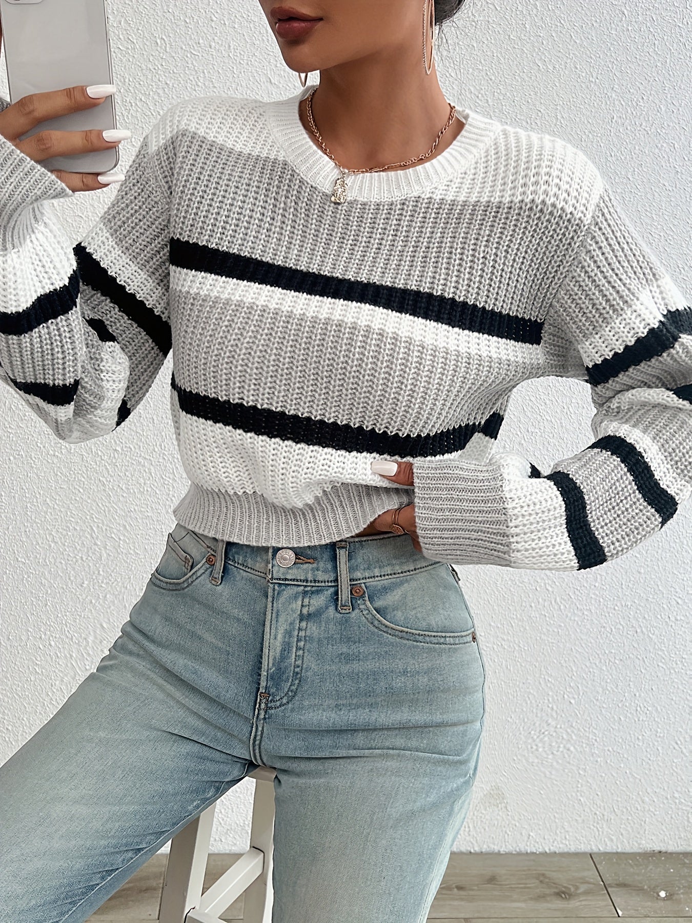 Soft Pastel Pink Relaxed Fit Women's Casual Striped Sweater