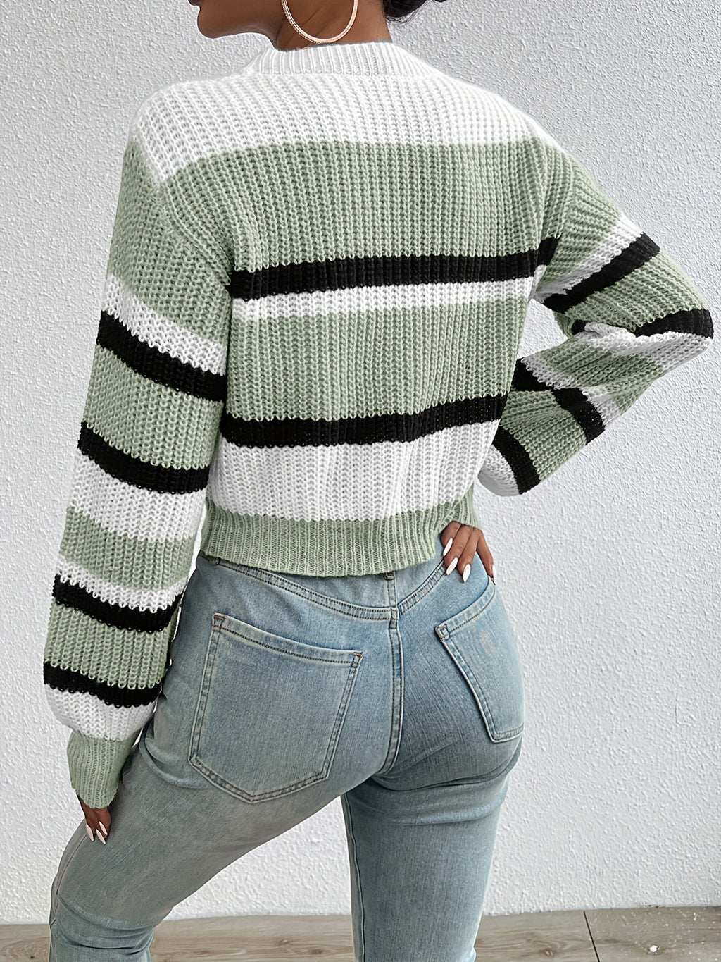 Soft Pastel Pink Relaxed Fit Women's Casual Striped Sweater