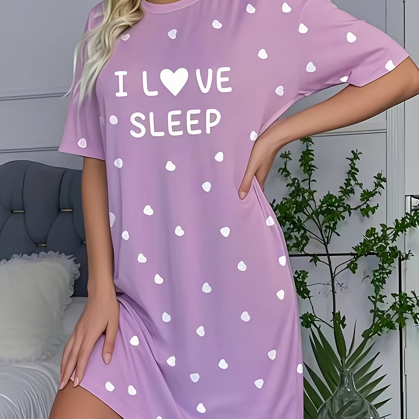 Women's Casual Short Sleeve Round Neck Sleep Dress - I LOVE SLEEP